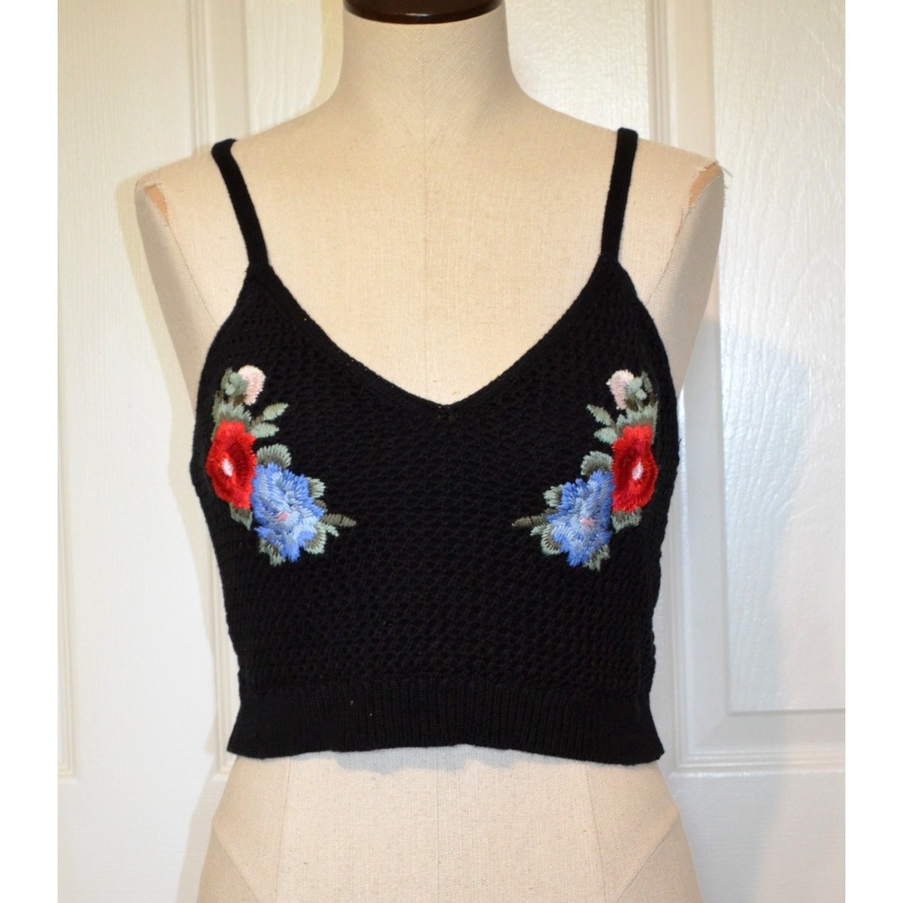 American Eagle Boho Music Festival Black Crochet Crop Cami Tank Women's M